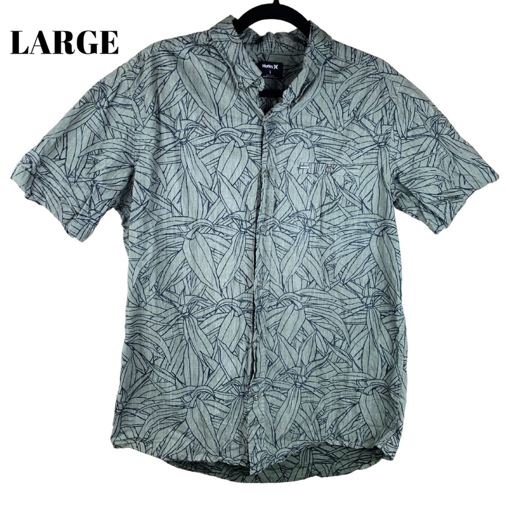 LARGE Hurley Reverse Print Olive Green & Black Button down Aloha Shirt